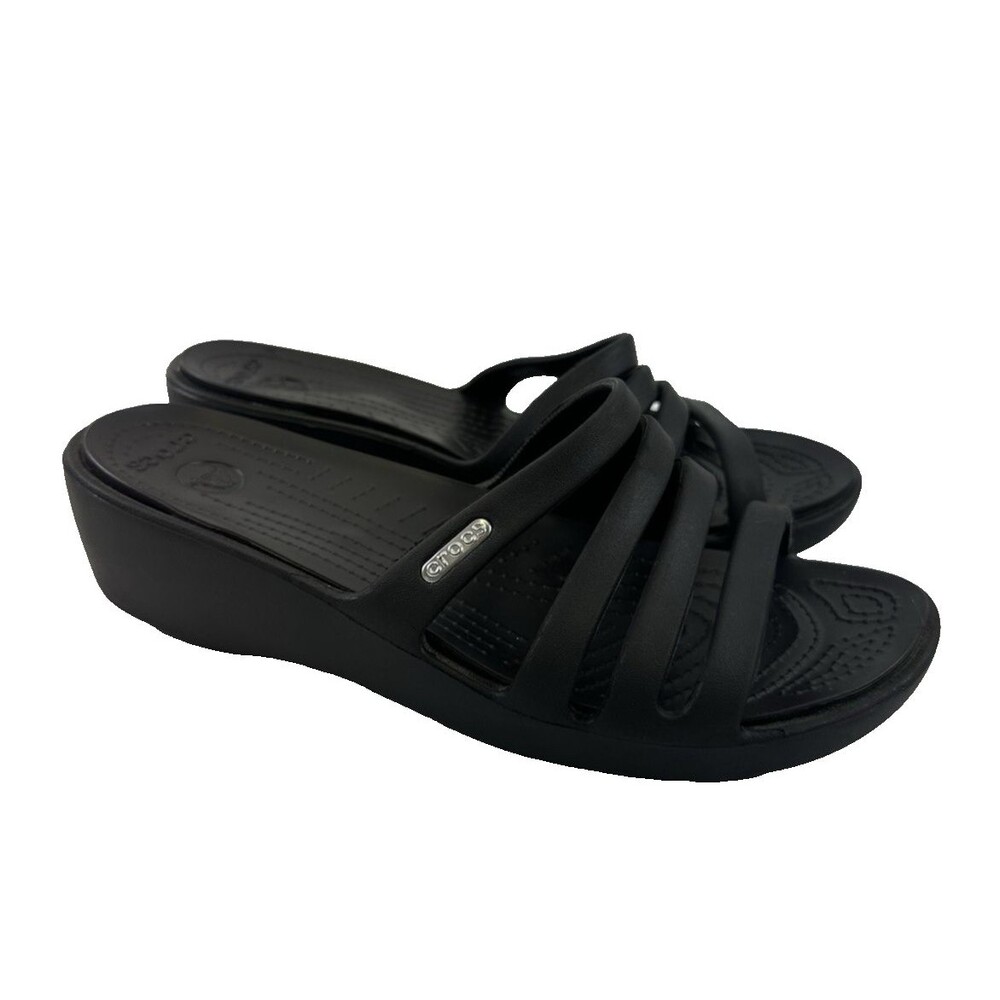 Crocs Rhonda Wedge Sandal Black SlipOn Strappy Slide Comfort Lightweight Women 7